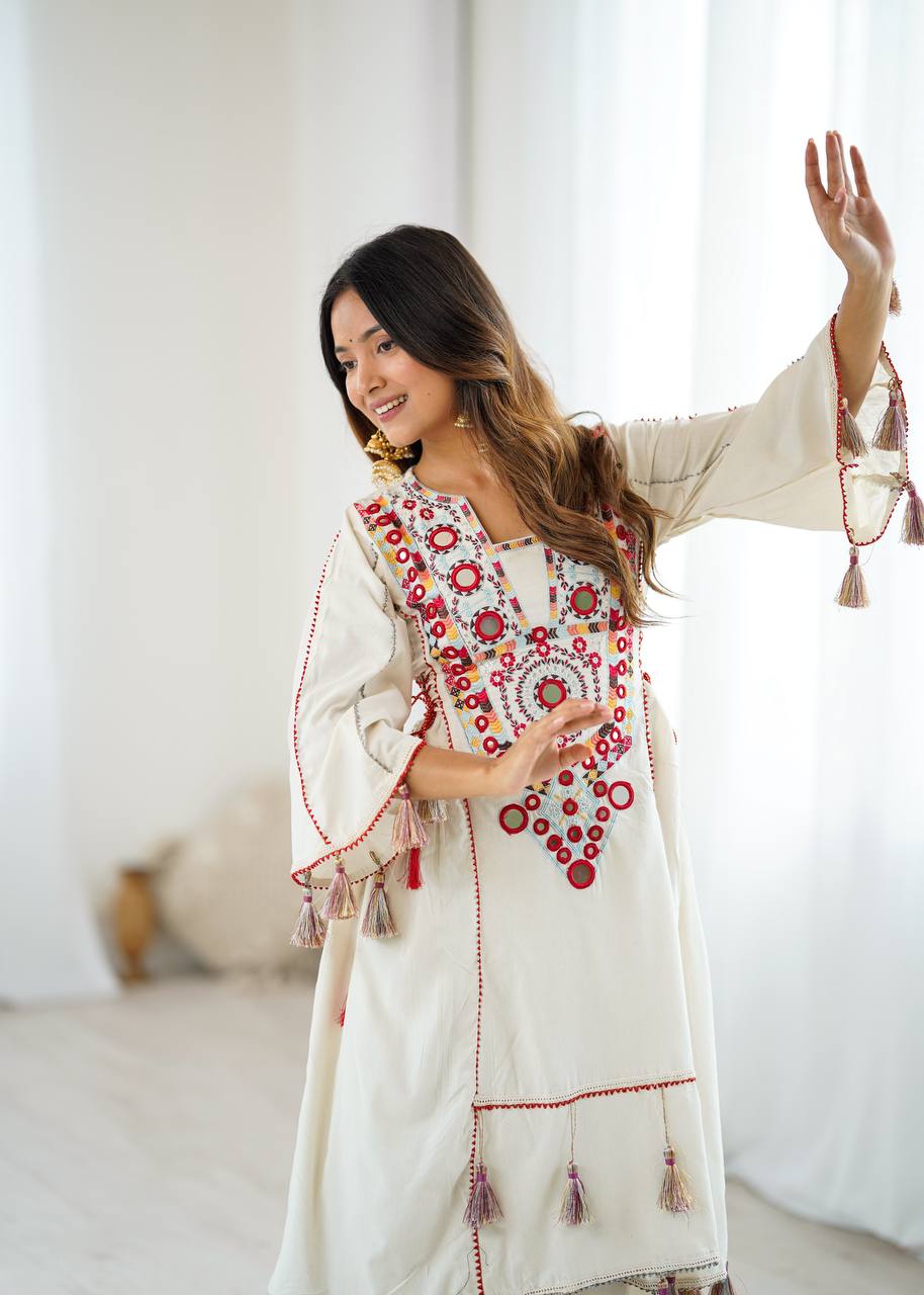 Beautiful Navratri Special White Designer Pure Khadi Cotton Embroidery sequence work Kurta With Plazzo Set