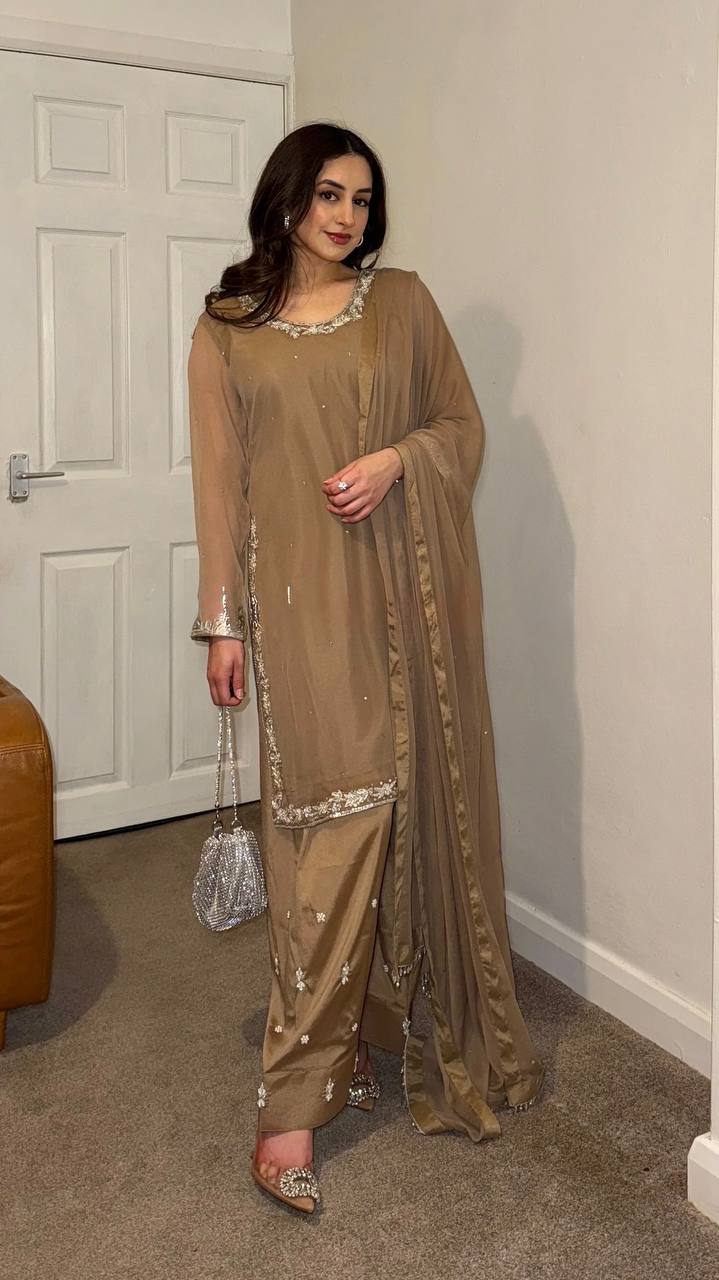 New Partywear Georgette Embroidery Kurta With Pant Set