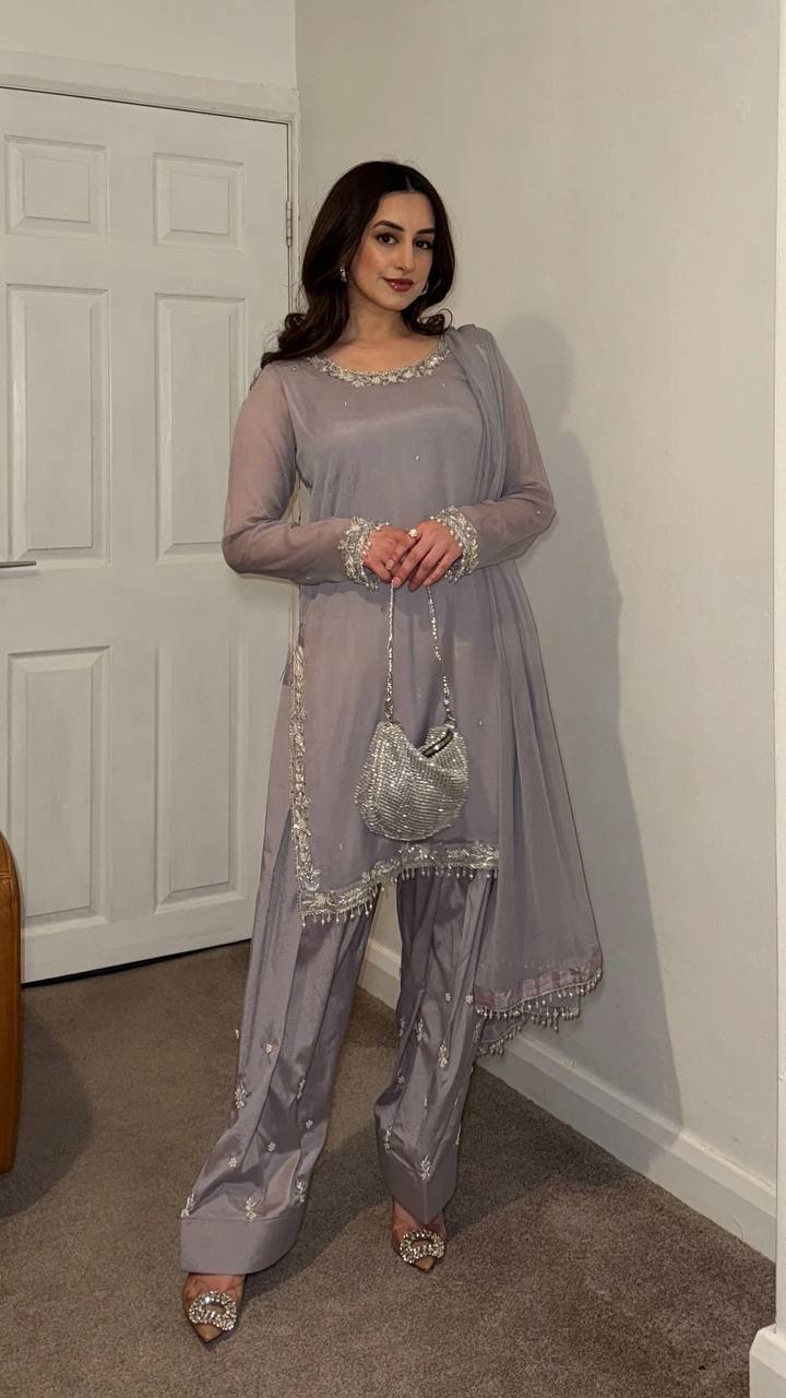 New Partywear Georgette Embroidery Kurta With Pant Set
