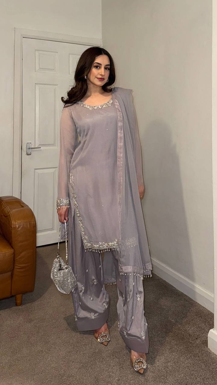 New Partywear Georgette Embroidery Kurta With Pant Set
