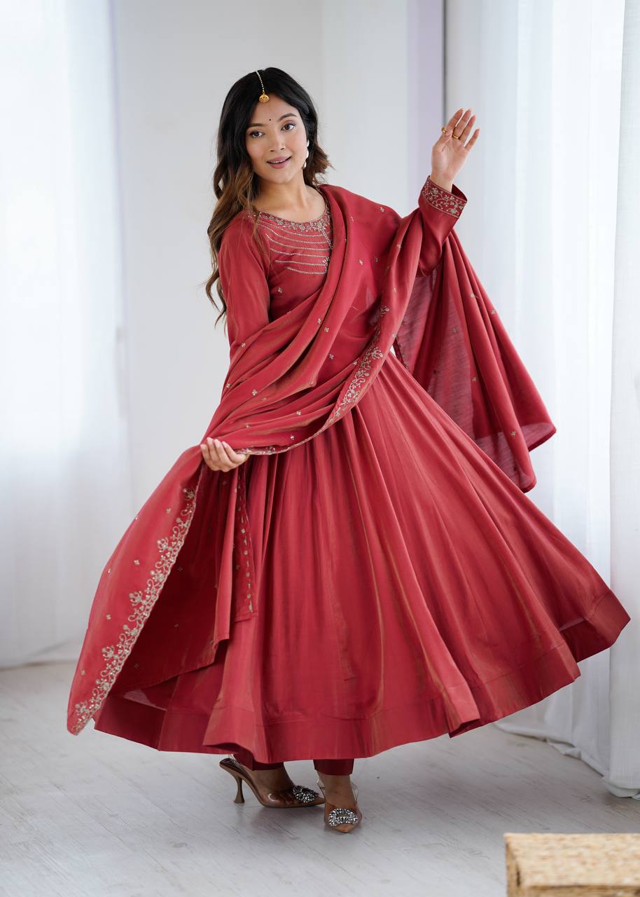 Premium Roman Shimmer Chanderi Silk Anarkali Set