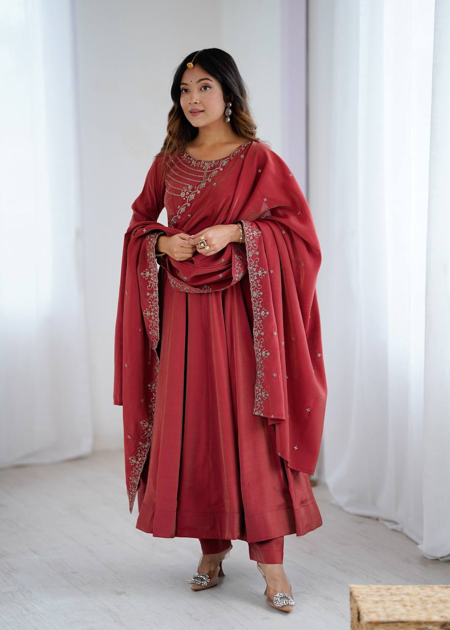 Premium Roman Shimmer Chanderi Silk Anarkali Set