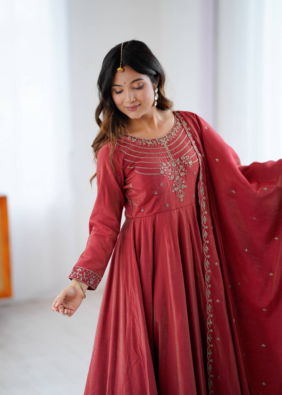 Premium Roman Shimmer Chanderi Silk Anarkali Set