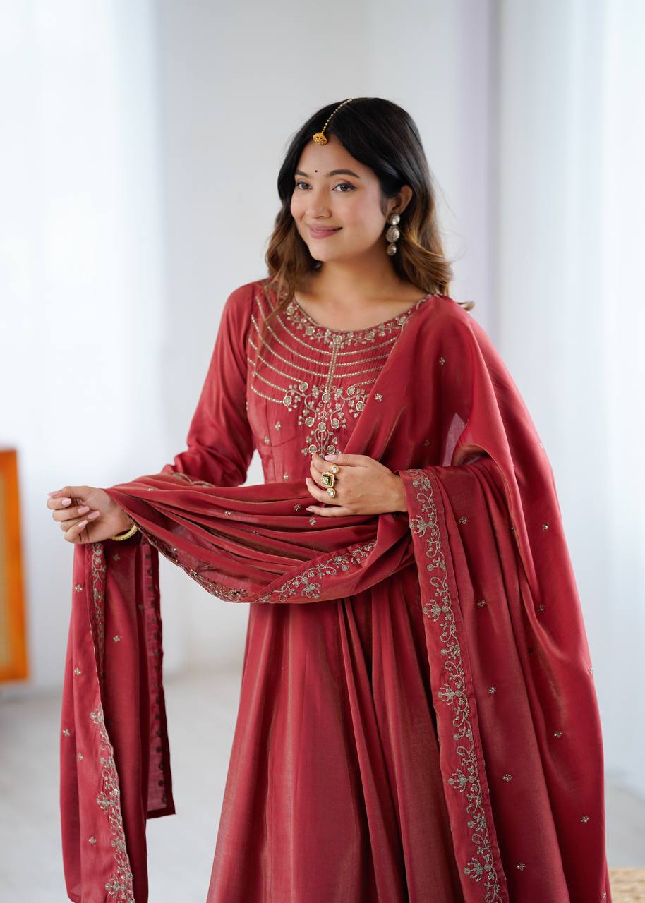 Premium Roman Shimmer Chanderi Silk Anarkali Set