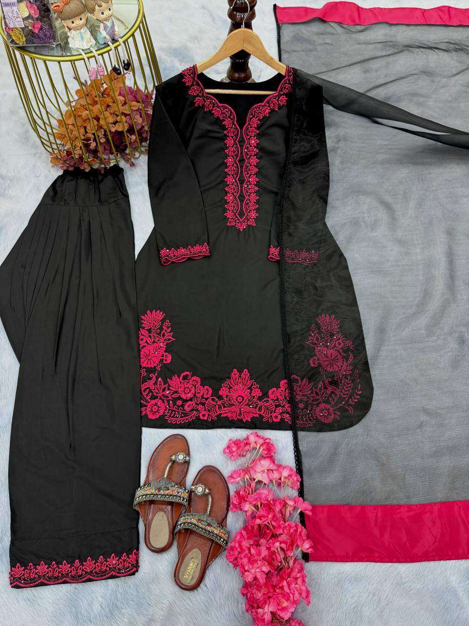 Designer Party Wear Set – Pure Natural Crepe Top with Farshi Palazzo & Dupatta