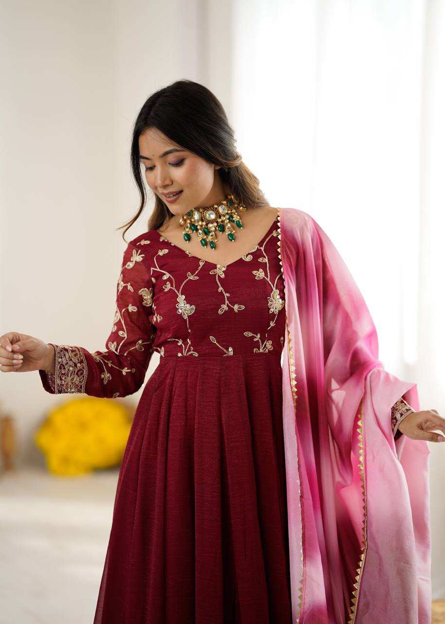 New Designer Premium Heavy Crunchy Silk with Embroidery & Sequence Work Anarkali Gown