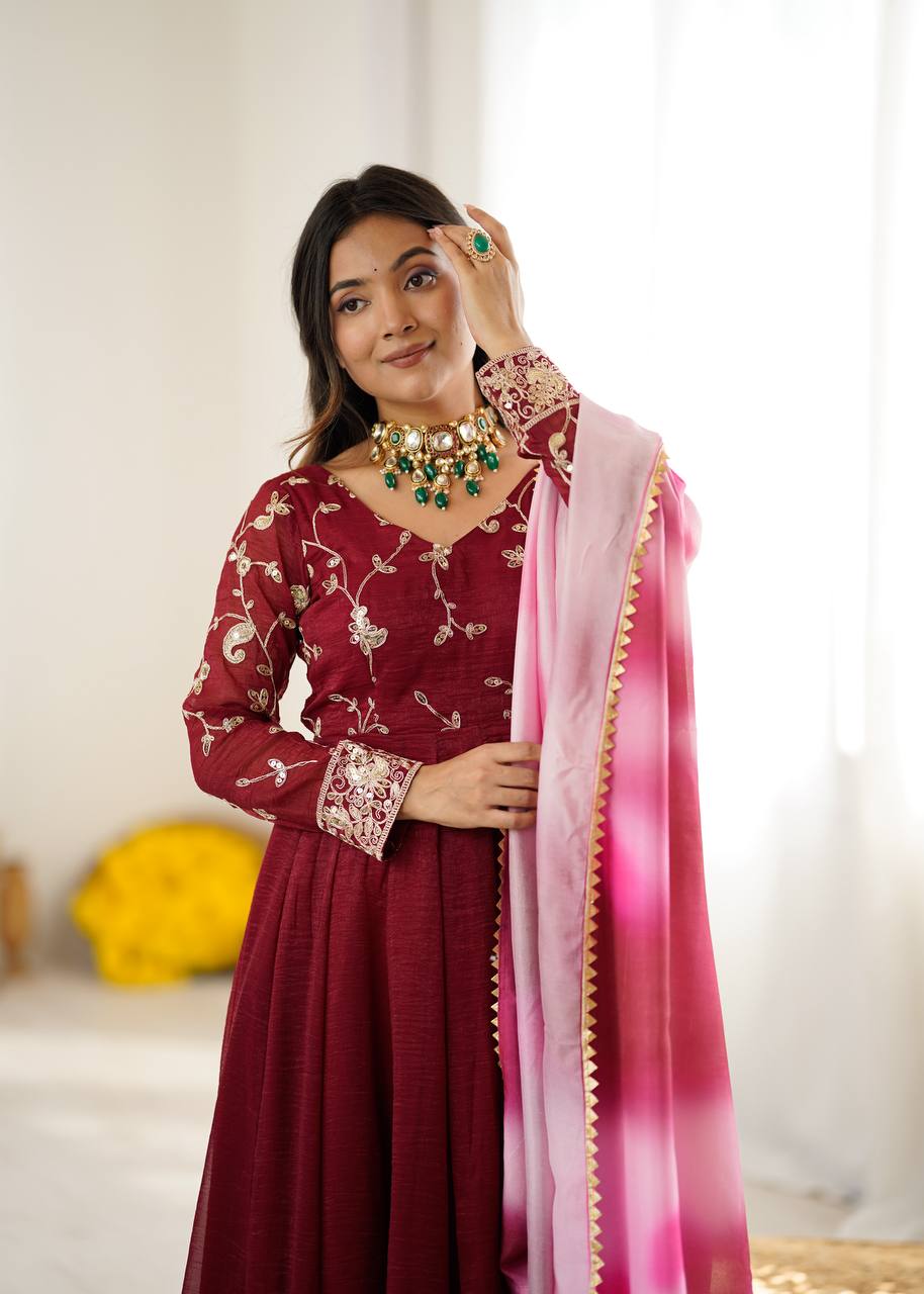 New Designer Premium Heavy Crunchy Silk with Embroidery & Sequence Work Anarkali Gown
