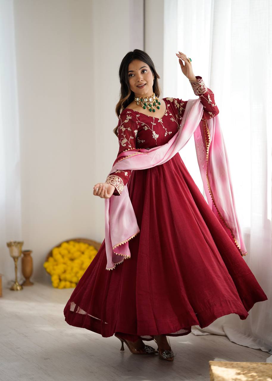 New Designer Premium Heavy Crunchy Silk with Embroidery & Sequence Work Anarkali Gown