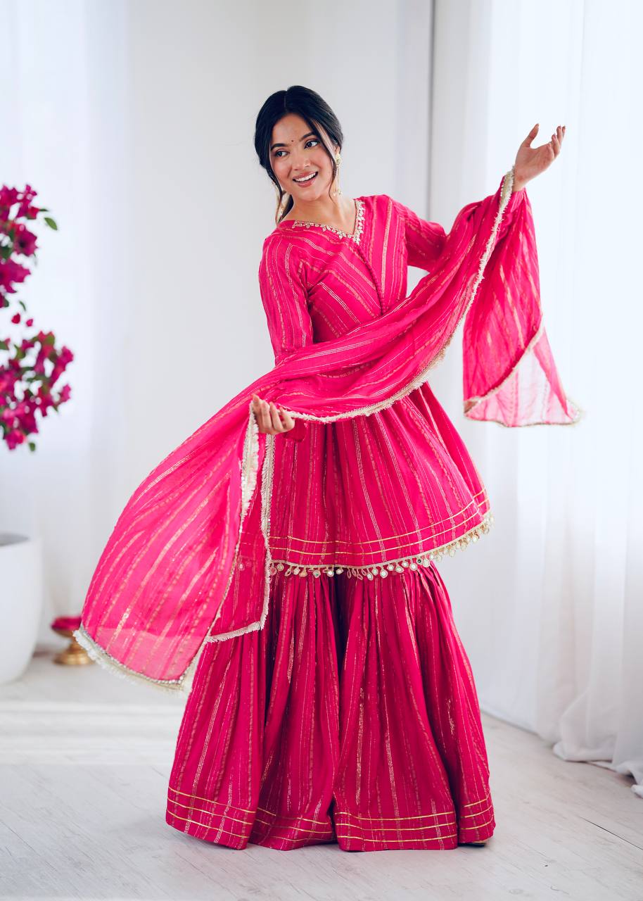Mal Chanderi Sharara Set with Real Mirror Handwork & Dupatta – Fully Stitched