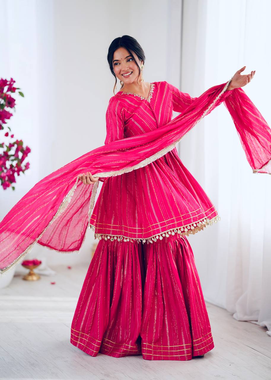 Mal Chanderi Sharara Set with Real Mirror Handwork & Dupatta – Fully Stitched