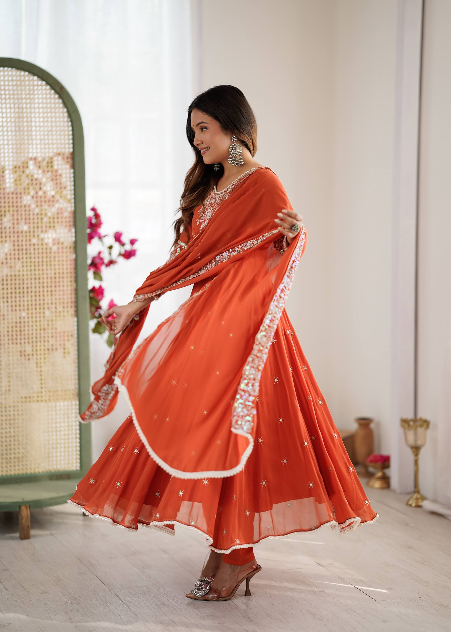 Designer Anarkali Gown with Dupatta & Bottom | Heavy Embroidery Rainbow Sequin Work