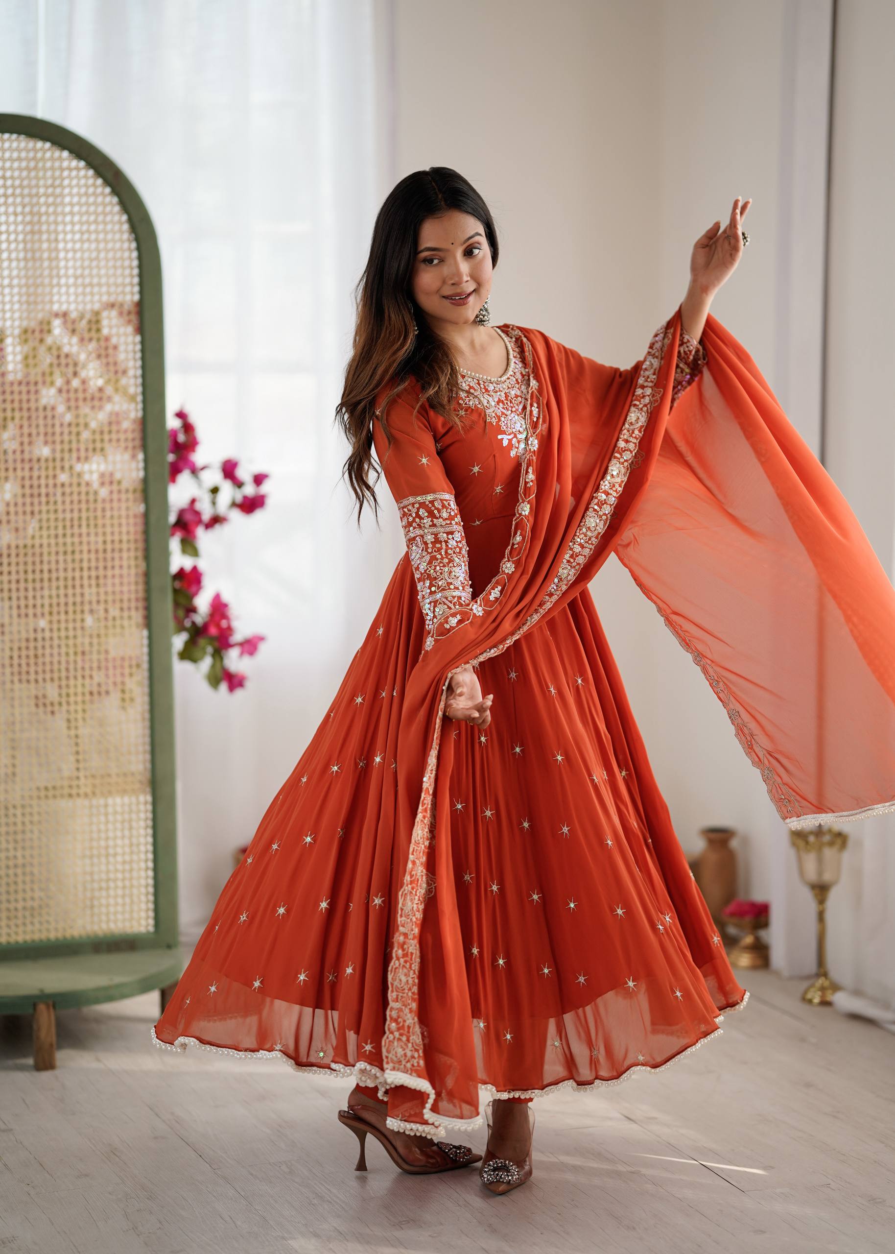 Designer Anarkali Gown with Dupatta & Bottom | Heavy Embroidery Rainbow Sequin Work
