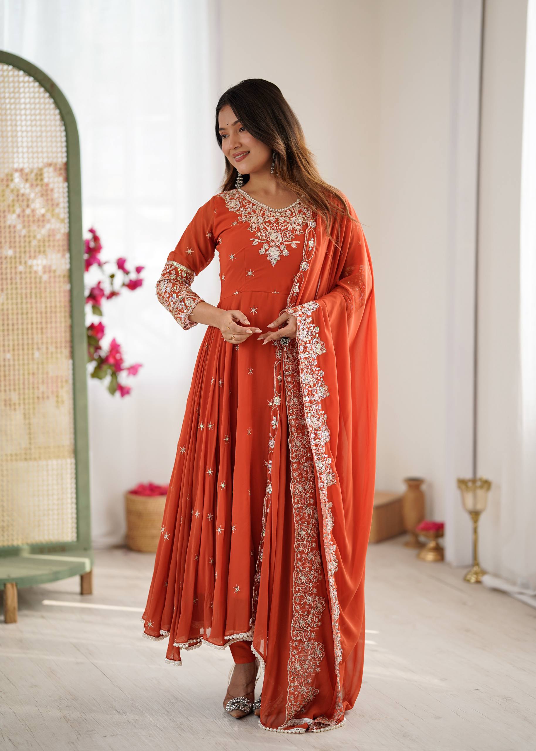 Designer Anarkali Gown with Dupatta & Bottom | Heavy Embroidery Rainbow Sequin Work