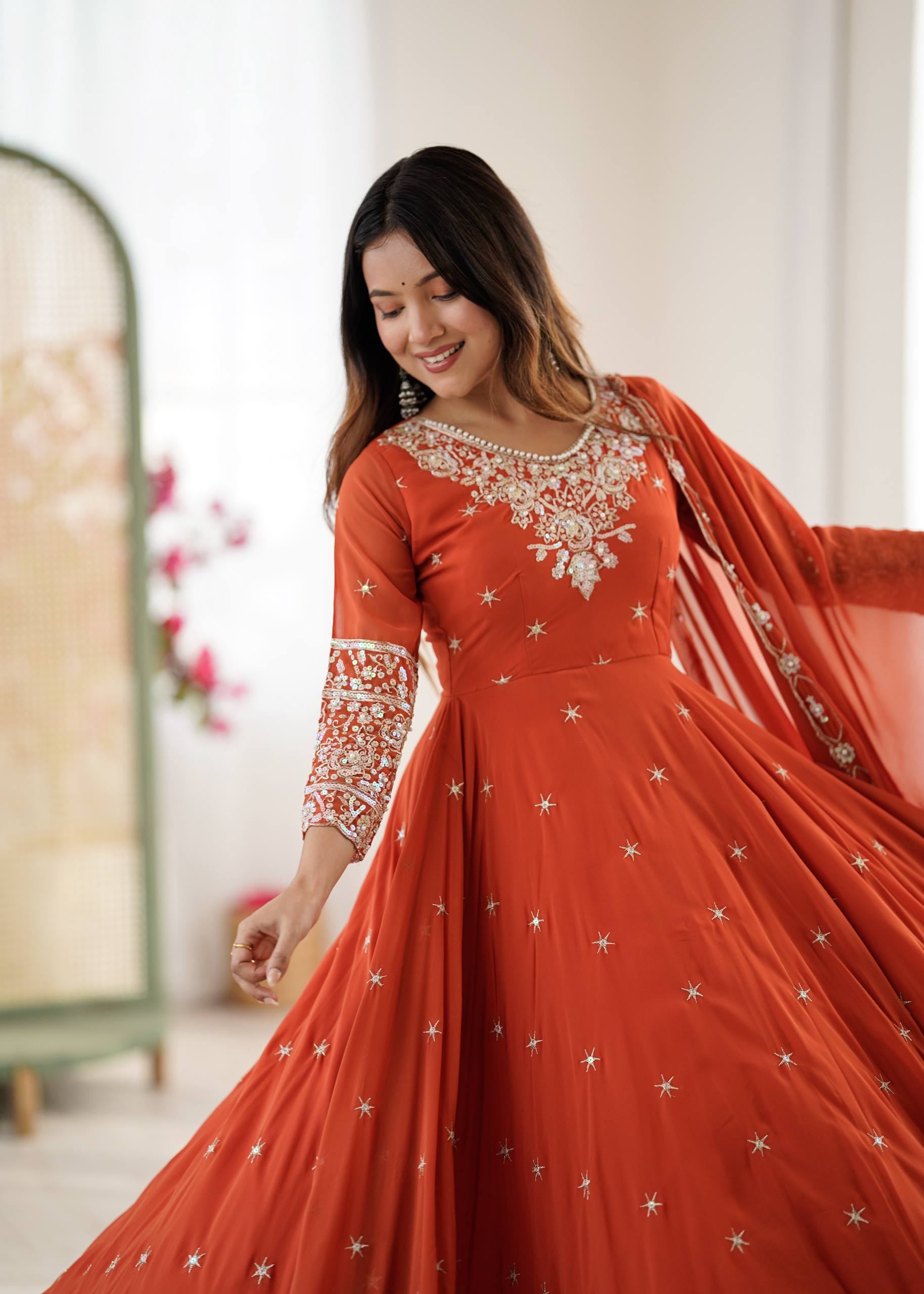 Designer Anarkali Gown with Dupatta & Bottom | Heavy Embroidery Rainbow Sequin Work