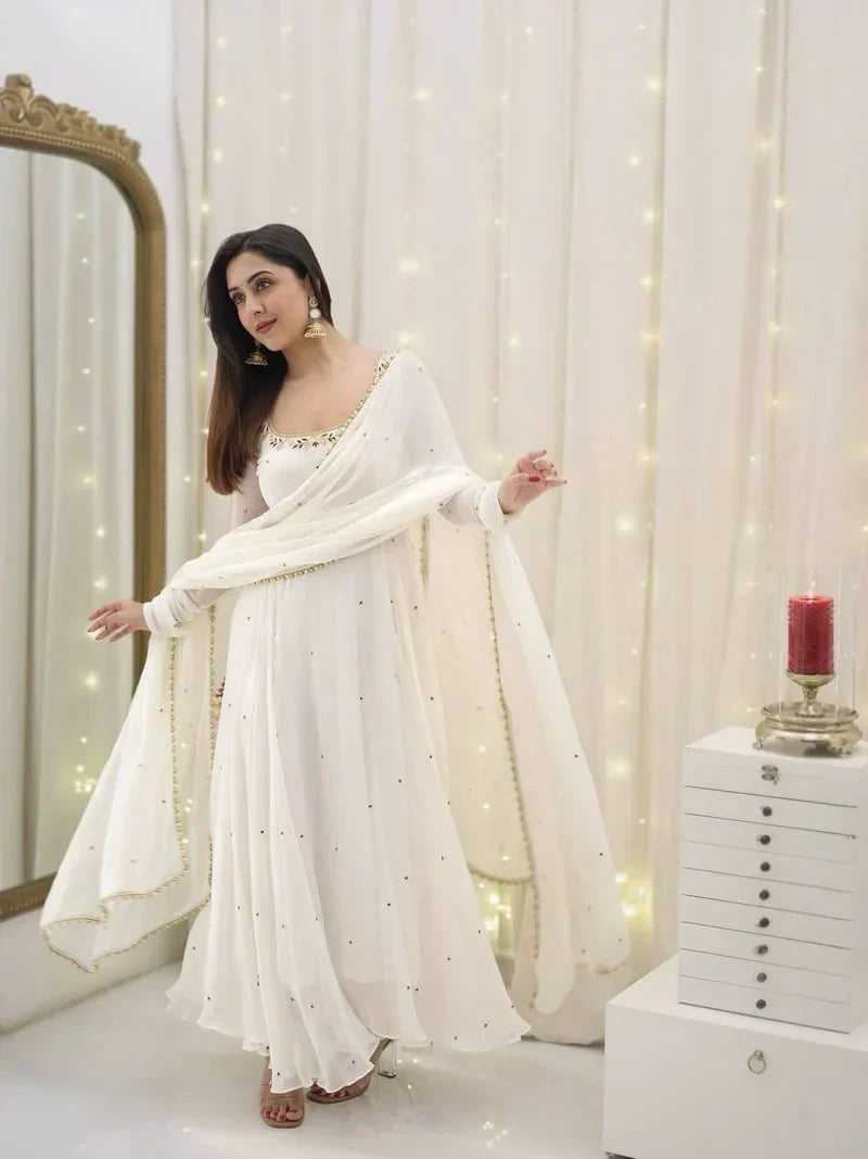 New Designer Collection In Faux Georgette With Embroidery Sequence Work Gown And Dupatta Set Fully Stitched Ready To Wear