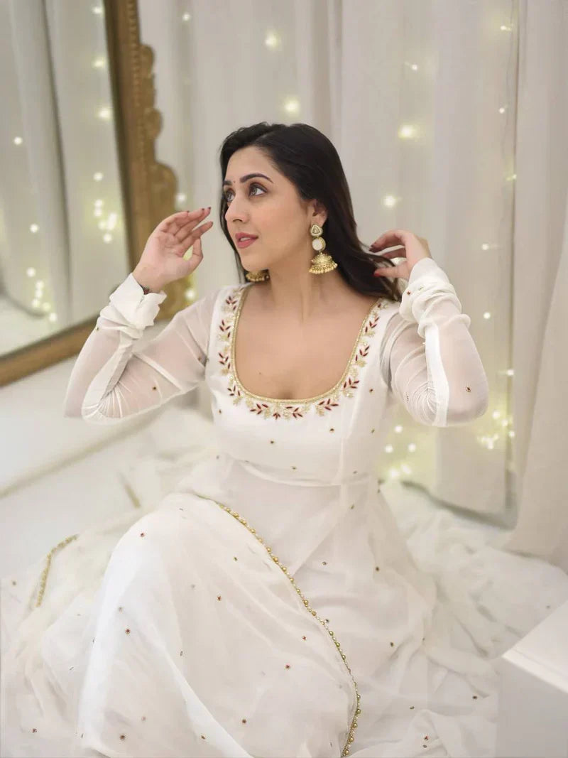 New Designer Collection In Faux Georgette With Embroidery Sequence Work Gown And Dupatta Set Fully Stitched Ready To Wear