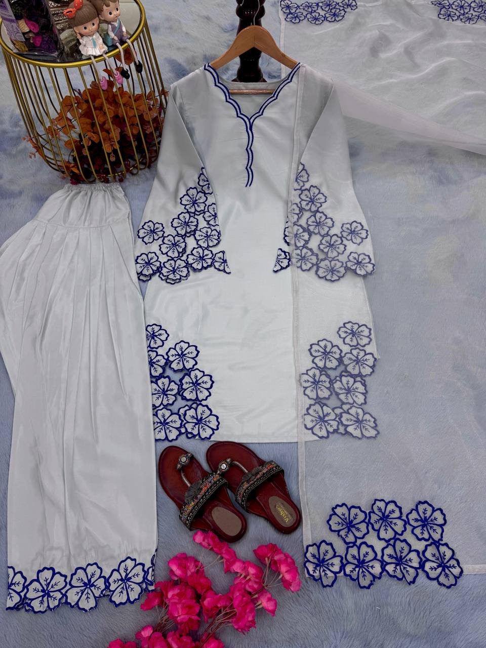 Pure Natural Crepe Top & Farshi Palazzo With Dupatta