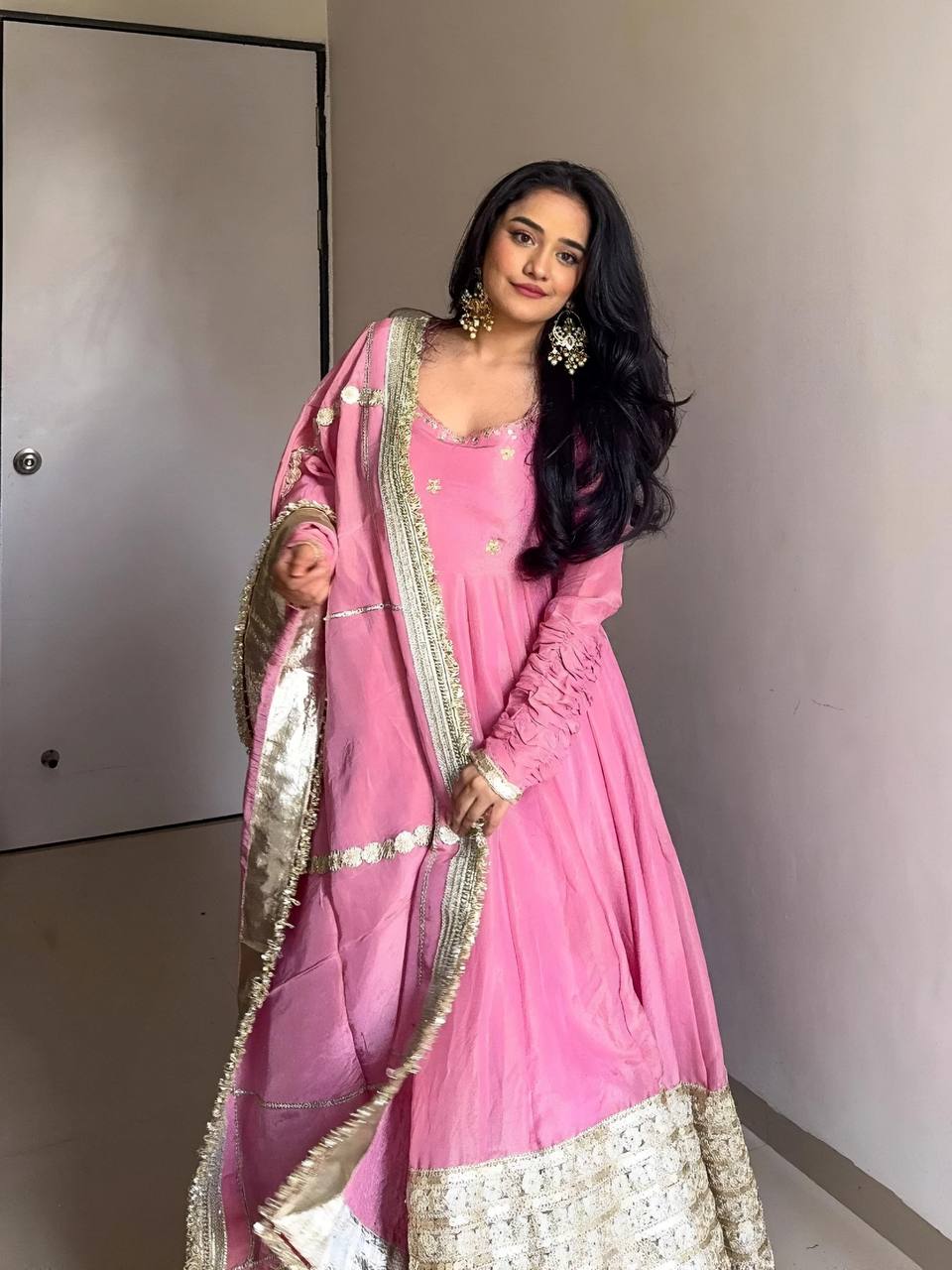 Pink Color Partywear Vichitra Silk Designer Anarkali Gown