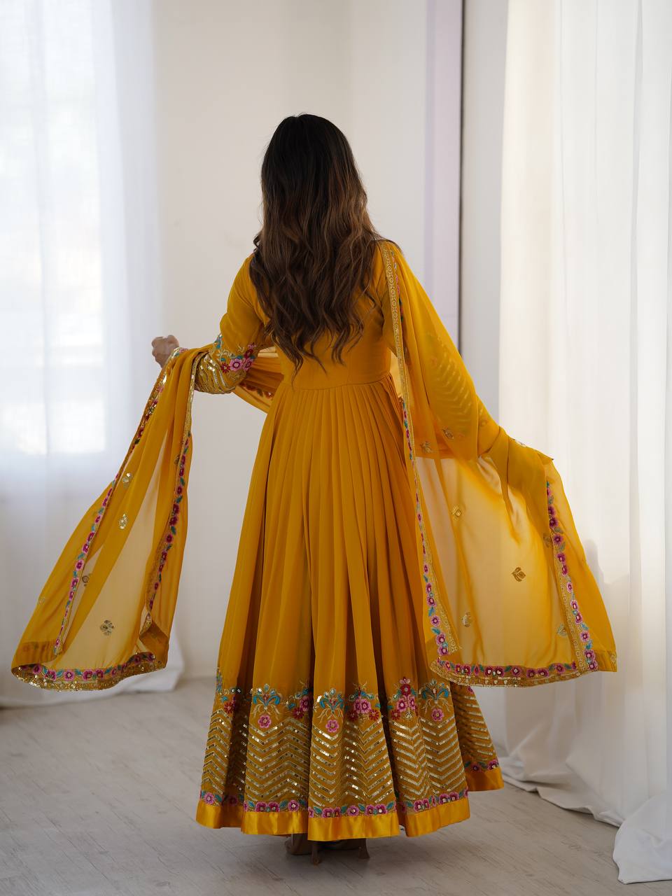 New Designer Mustard Color Premium Heavy Georgette Anarkali Gown With Bottom And Dupatta Set