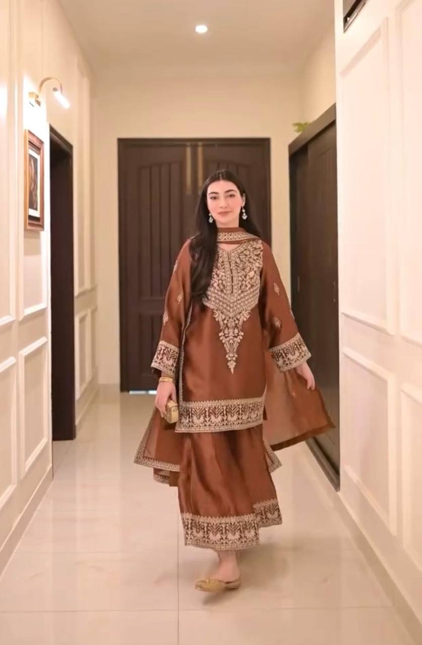 New Partywear Natural Crepe Embroidery Kurta With Designer Plazzo Set