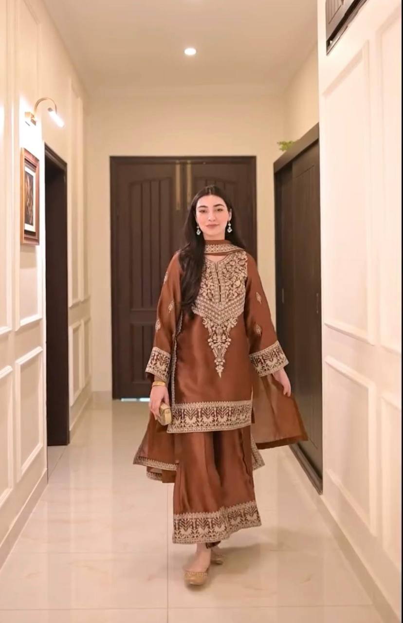 New Partywear Natural Crepe Embroidery Kurta With Designer Plazzo Set
