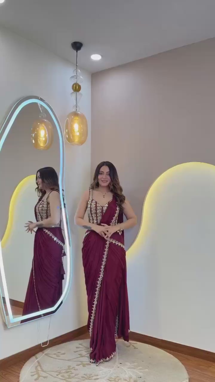 Premium Maroon Ready-to-Wear Saree with Embroidered Blouse