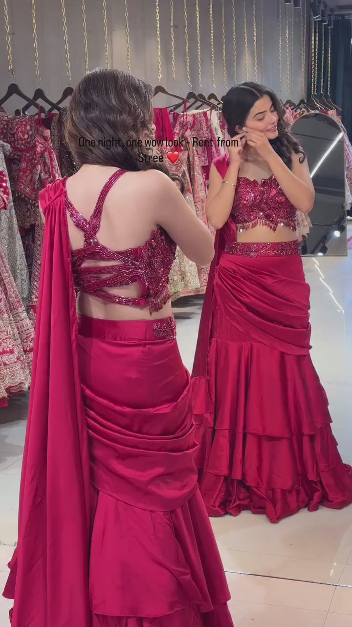 Embroidered Crop Top with Draped Layered Lehenga Set
