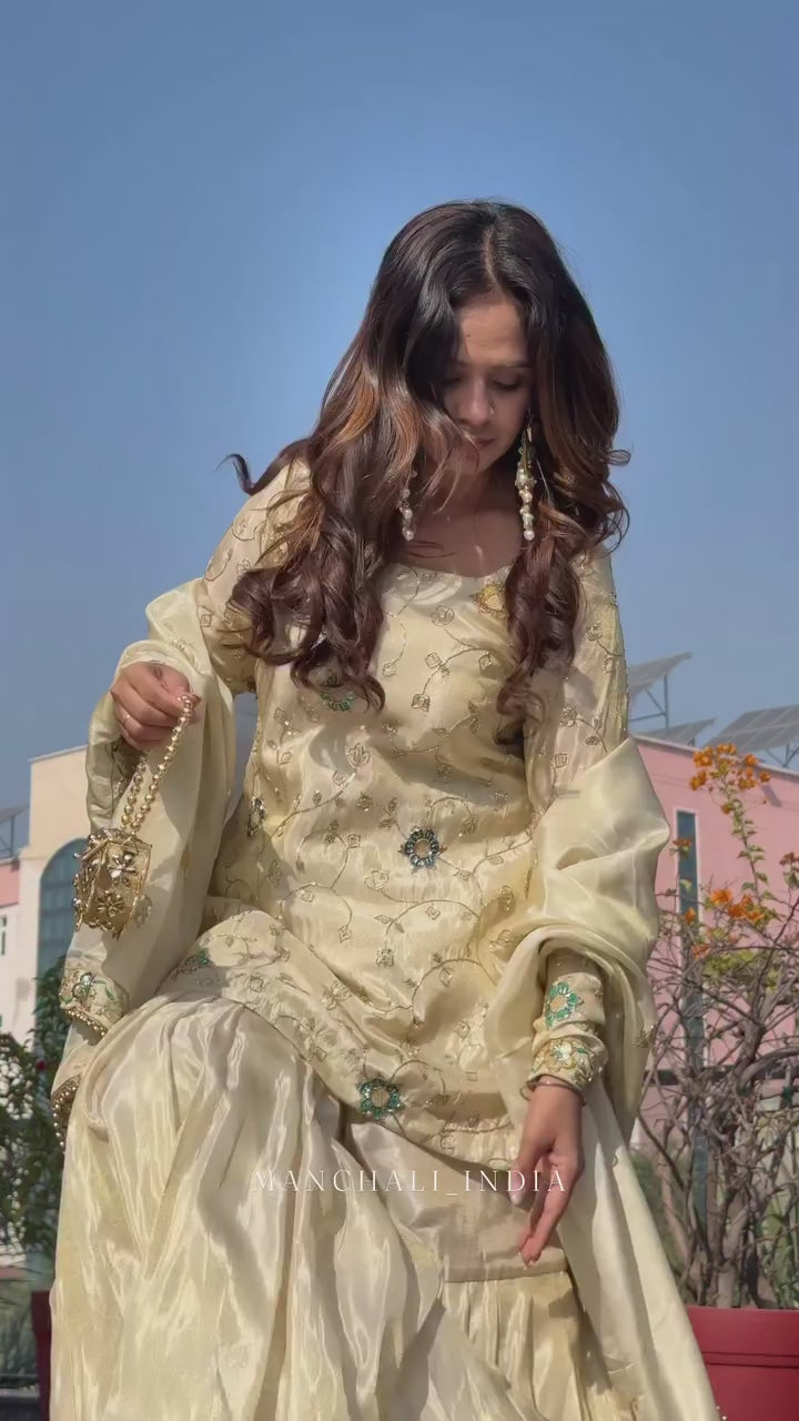 Pure Chinnon Top, Sharara and Dupatta Set with 3mm Embroidery Sequin Work