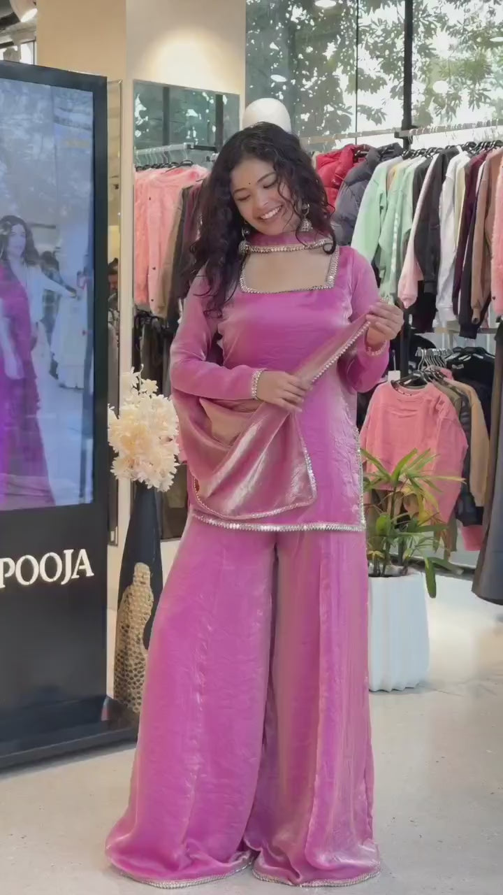 Fendi Satin Top & Palazzo Set with Mirror Work Dupatta