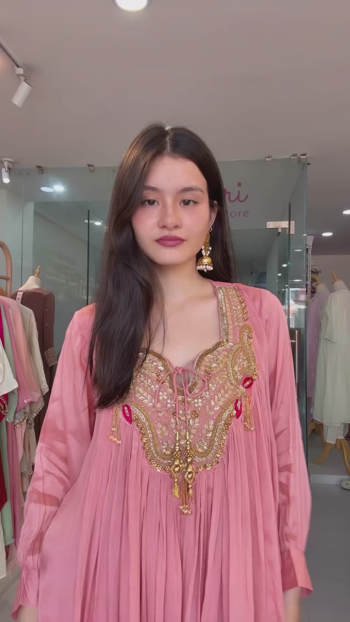 Designer Chinon Embroidered Kurti Sharara Set