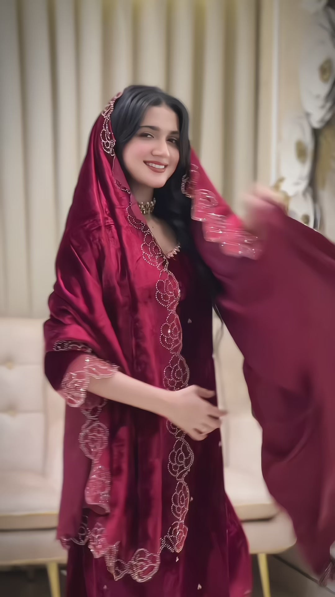 Designer Party Wear Viscose Velvet Top, Pant and Dupatta Set with Rhinestone and Embroidery Work