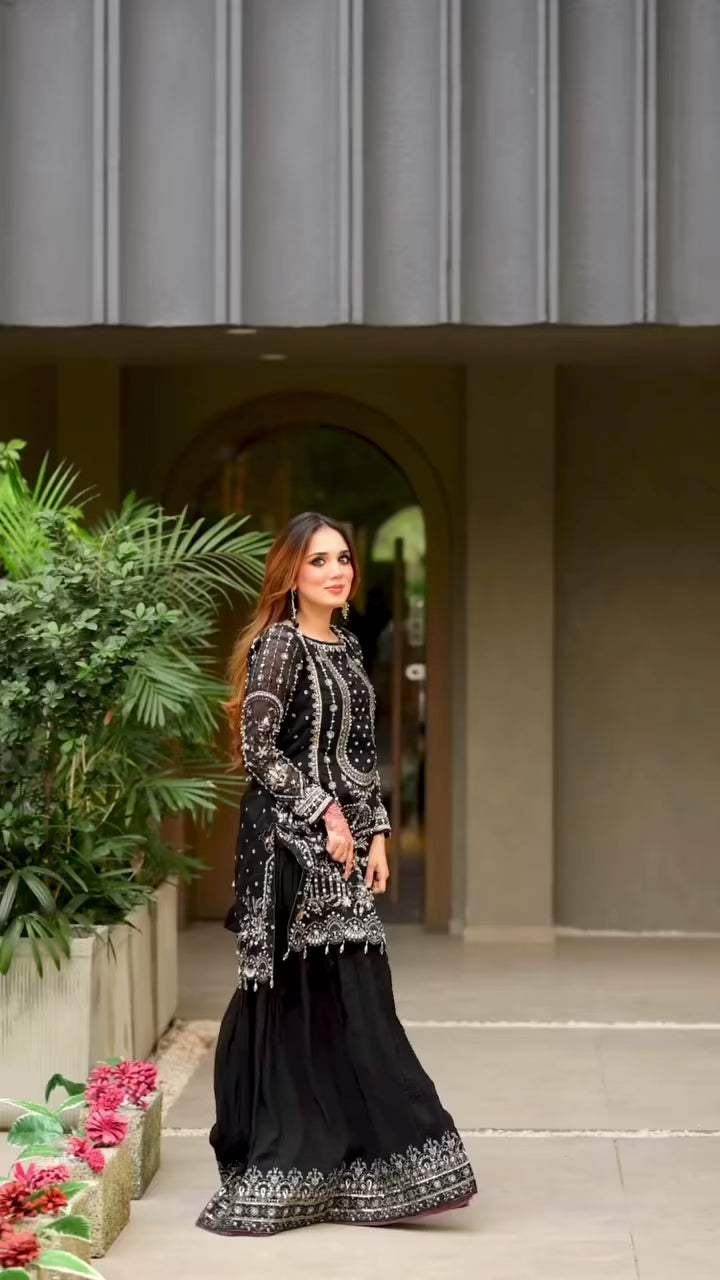 Designer Faux Georgette Embroidered Top, Palazzo & Dupatta Set