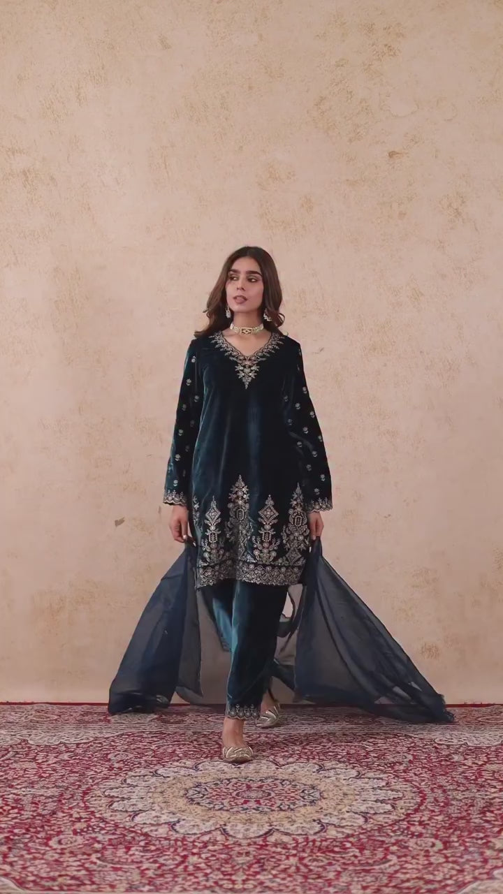 Designer Viscose Velvet Top, Pant and Dupatta Set with Thread Work