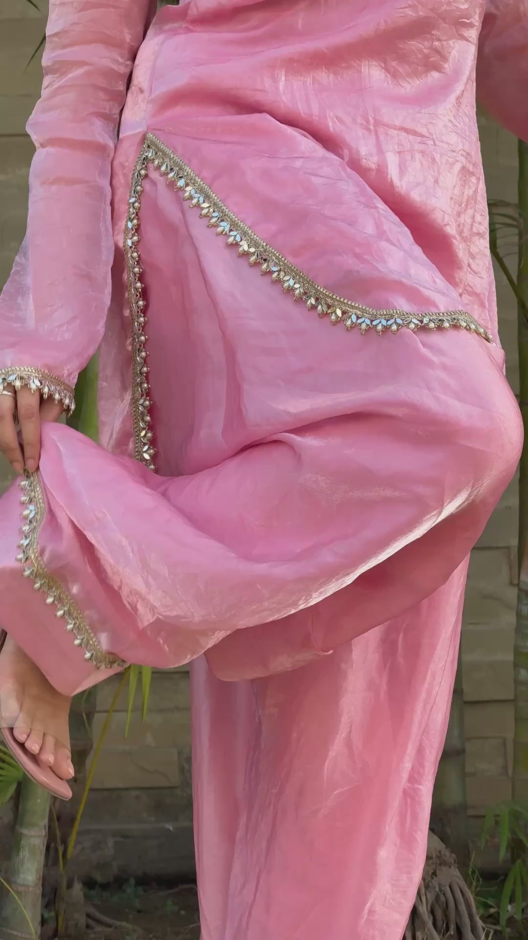 Fendi Satin Silk Designer Farsi Salwar Suit Set with Mirror Work Dupatta