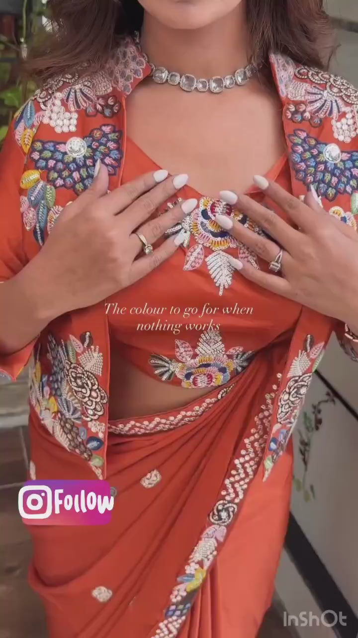 New Super Trending Party jacket with saree Reday to wear Embroidery work saree