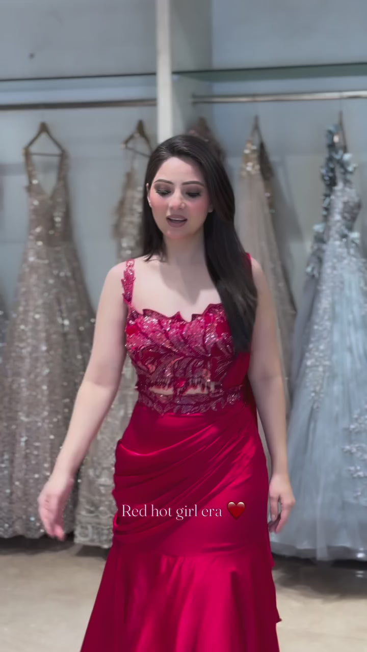 Embroidered Crop Top with Draped Layered Lehenga Set