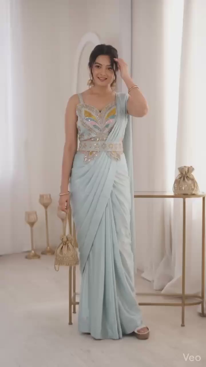 New Super Trending Embroidery Sequence work ready to wear saree with Embroidery Blouse