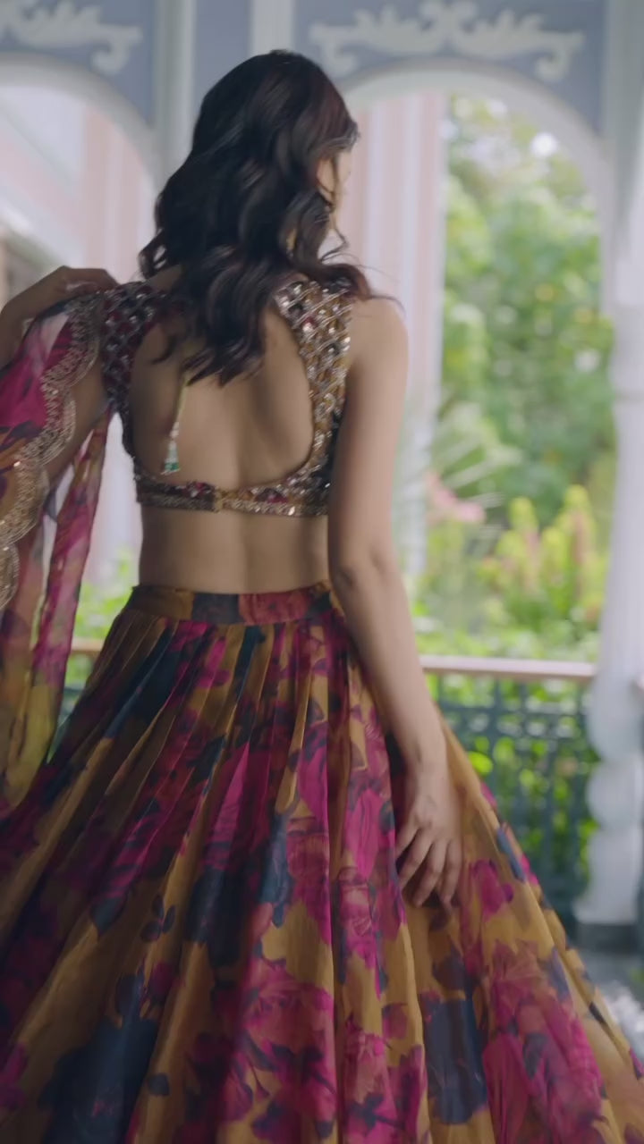 Boutique Style Organza Lehenga Choli and Dupatta Set with Digital Print and Sequin Work