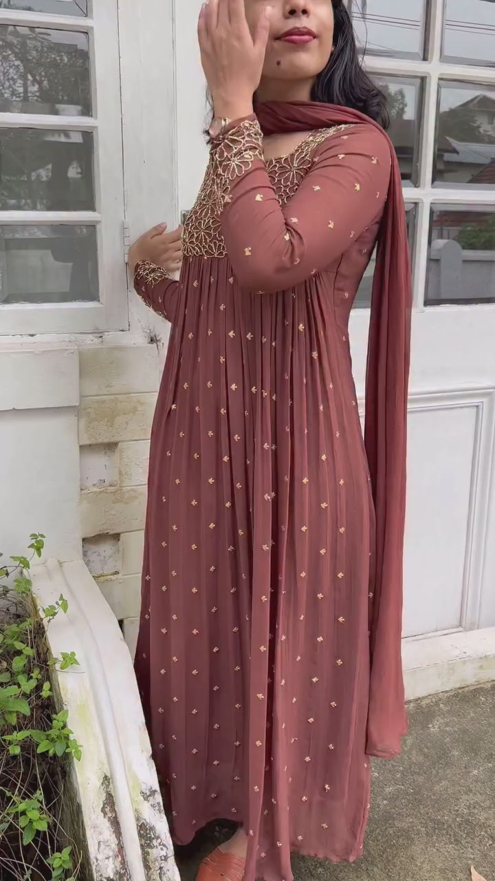 Brown Georgette Anarkali Gown with Intricate Embroidery