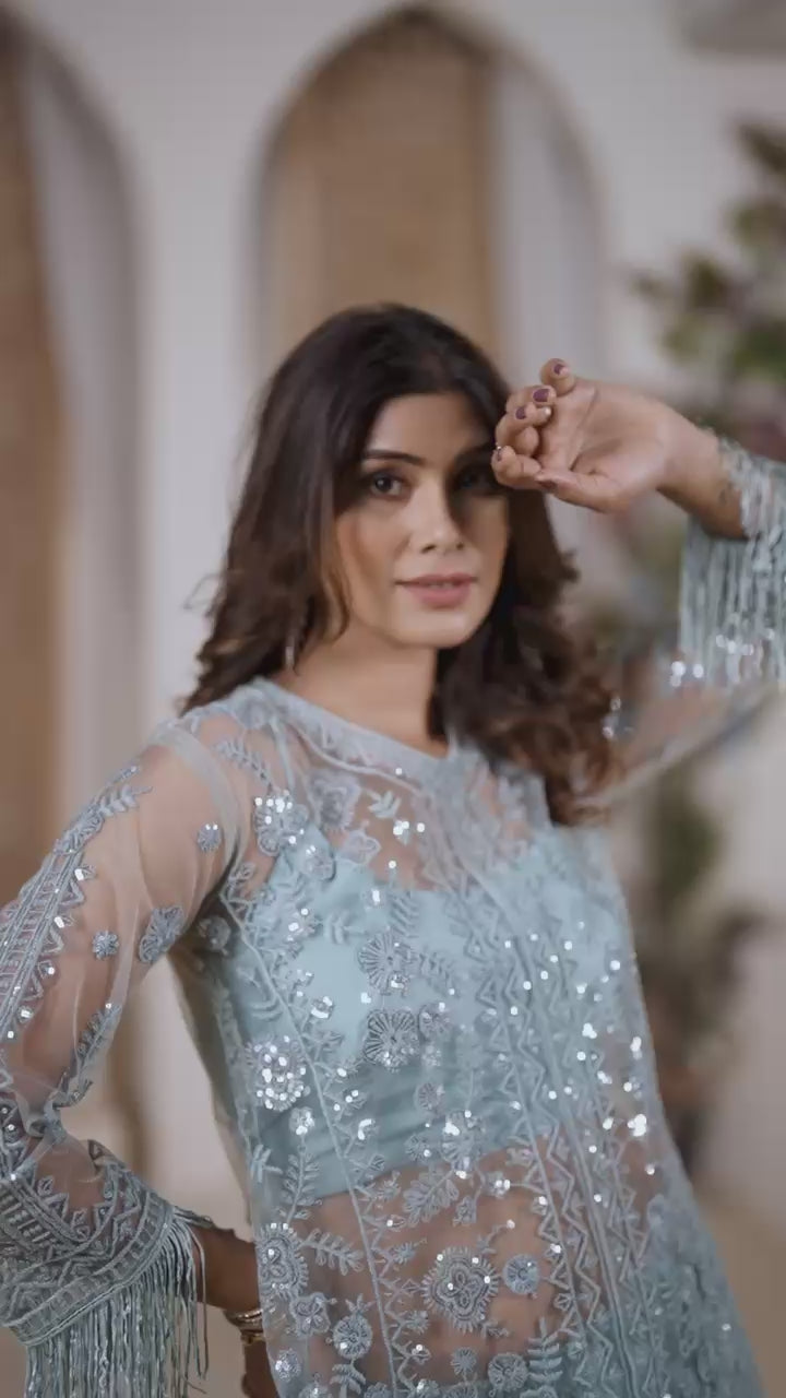 New Trending Real Shoot Butterfly Sequin Embroidery Top & Palazzo Set with Blouse