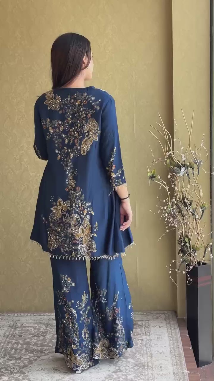 Navy Blue Printed Silk Palazzo Suit with Embroidery