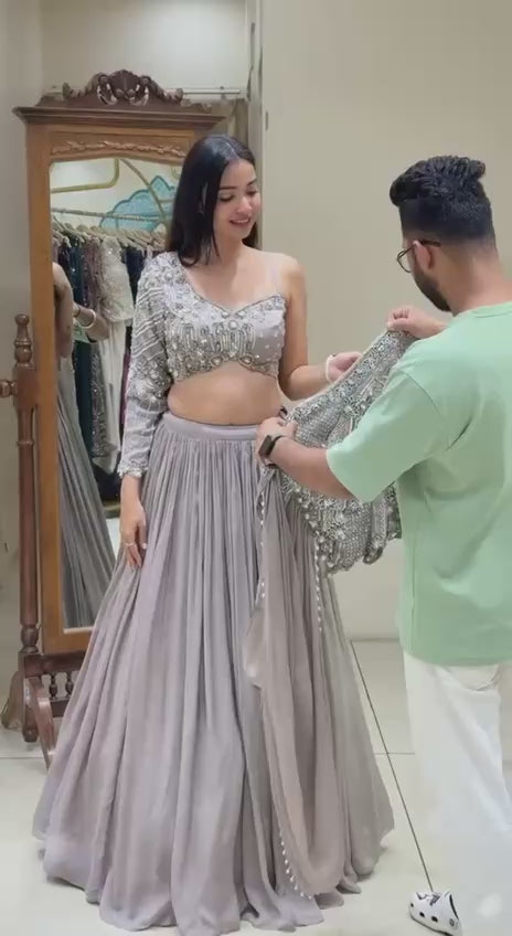 🌺 Premium Embroidered Rangoli Silk Lehenga Choli Set – Grey