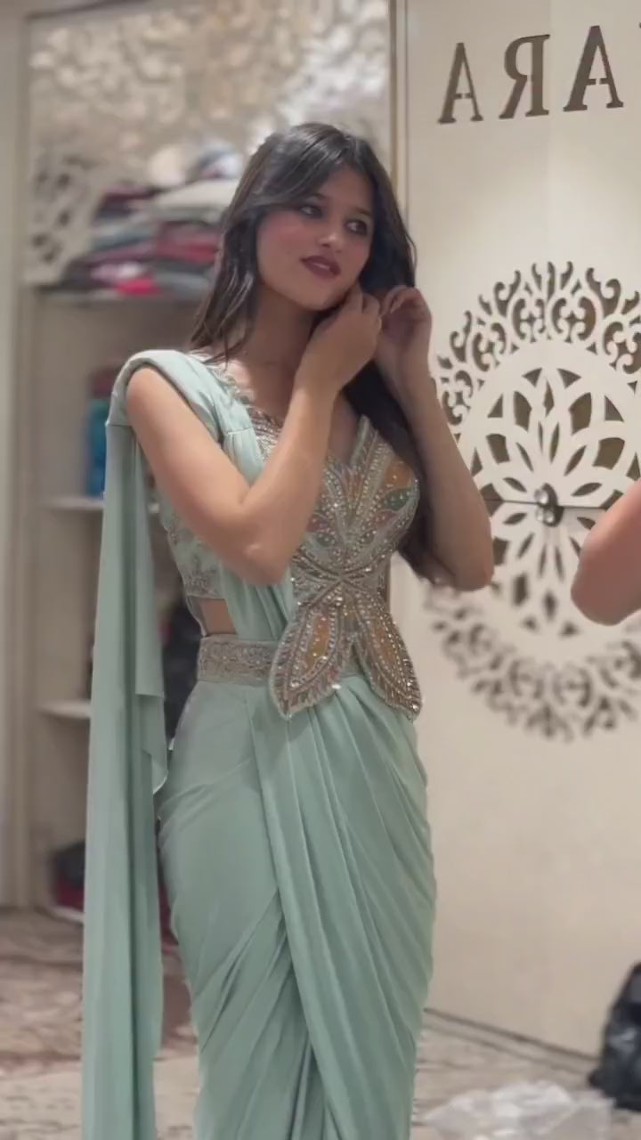 New Super Trending Embroidery Sequence work ready to wear saree with Embroidery Blouse