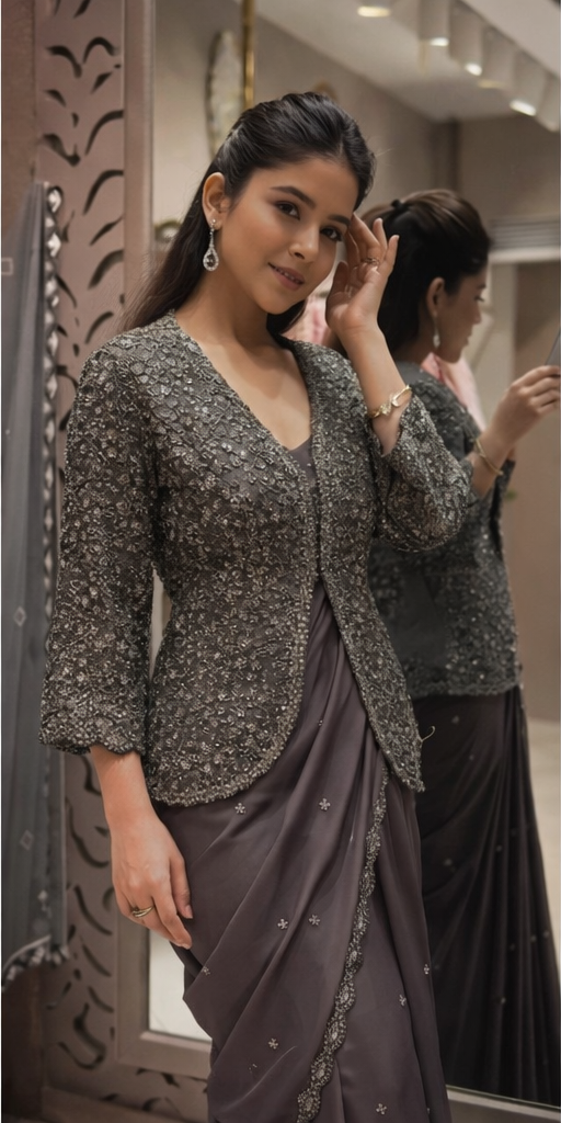 Designer Embroidered Jacket Style Saree Set