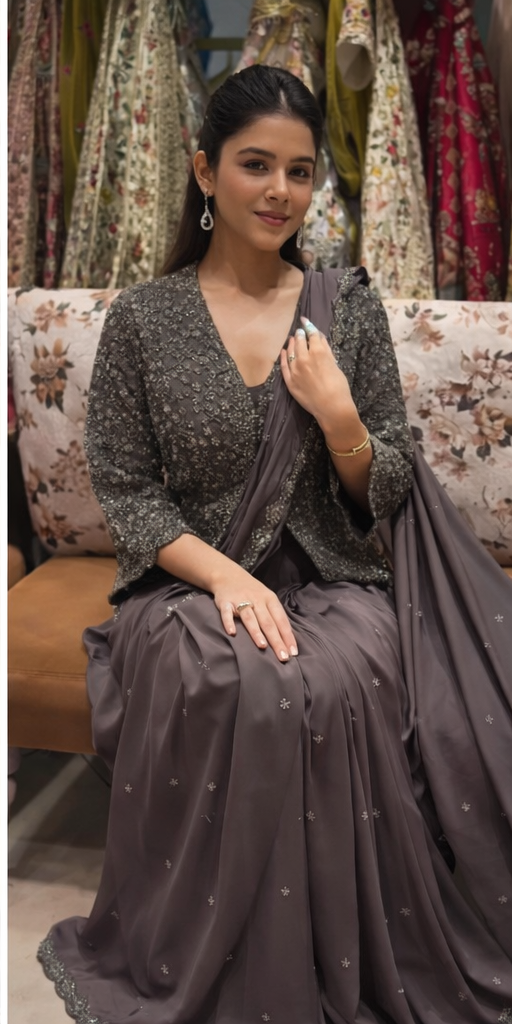 Designer Embroidered Jacket Style Saree Set